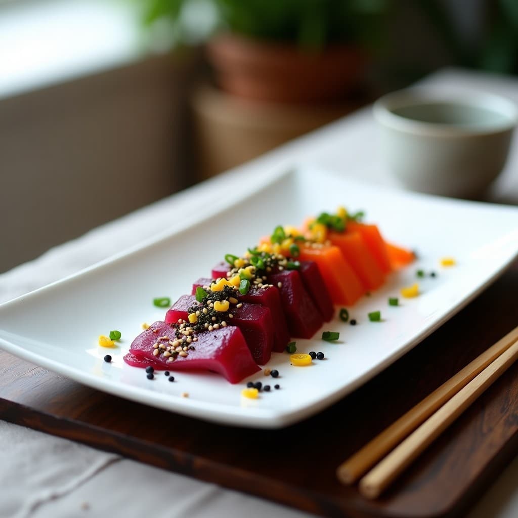 Plato blanco rectangular con sashimi vegano de remolacha y zanahoria en rodajas finas marinadas, decorado con semillas de sésamo negro, algas nori y hojas de shiso, sobre fondo de madera clara.