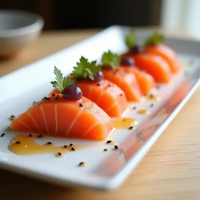 Plato blanco rectangular con láminas finas de sashimi de salmón fresco, bañadas en un aderezo brillante de cítricos y sésamo, decoradas con semillas de sésamo tostadas, cebollino picado y hojas de shiso. Fondos claros y minimalistas para resaltar los colores vibrantes del plato japonés bajo en calorías.