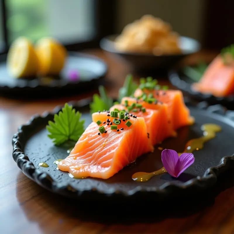 Plato de porcelana blanca con láminas de sashimi de salmón fresco dispuestas en abanico, bañadas en una vinagreta brillante de cítricos y jengibre, decorado con cebollino picado, semillas de sésamo negro y hojas de shiso. Receta japonesa alta en omega-3.