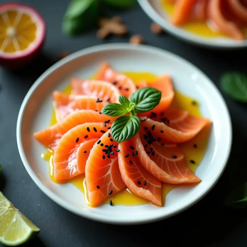 Plato rectangular de porcelana blanca con láminas finas de sashimi de salmón fresco, bañadas en una salsa brillante de maracuyá y jalapeño, decoradas con semillas de sésamo negro y hojas de cilantro. Fondos borrosos de ingredientes como limón verde y jalapeño.