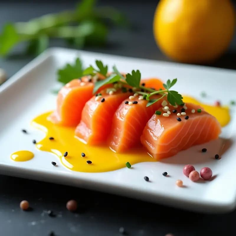 Plato blanco rectangular con láminas de sashimi de salmón fresco dispuestas en abanico, bañadas con salsa de maracuyá brillante de color amarillo dorado, espolvoreadas con semillas de sésamo negro y cebollino picado. Fondo minimalista con toques de jengibre y chile rojo.