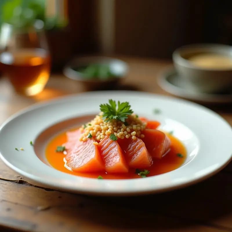 Plato rectangular blanco con láminas de sashimi de salmón rosa brillante, decoradas con salsa de maracuyá amarilla en zigzag, semillas de sésamo negro y blanco, rábanos daikon en juliana y hojas de shiso verdes. Receta japonesa fusion rápida y saludable.