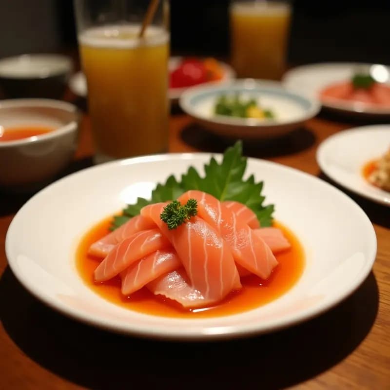 Plato blanco rectangular con láminas de sashimi de salmón frescas y rosadas, dispuestas elegantemente en abanico, acompañadas de salsa ponzu dorada en un pequeño bol de cerámica, decorado con semillas de sésamo tostadas, cebollino picado y hojas de shiso verdes. Fondo minimalista con tonos neutros.