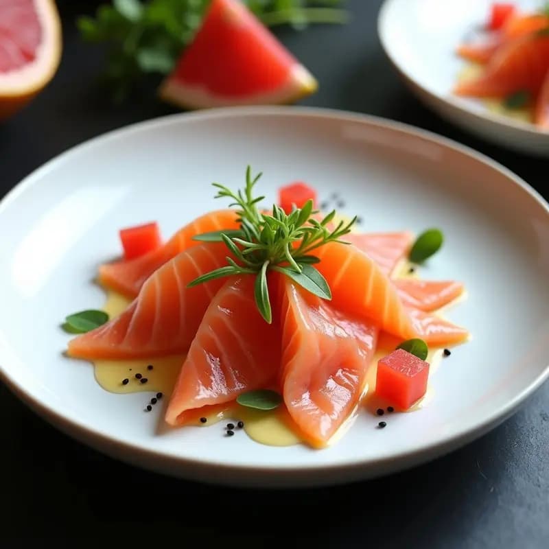 Plato blanco minimalista con láminas de sashimi de salmón fresco dispuestas en abanico, bañadas en vinagreta de pomelo rosa, decoradas con microvegetales coloridos, semillas de sésamo negro y cebollino picado. Presentación elegante de entrante japonés gourmet.