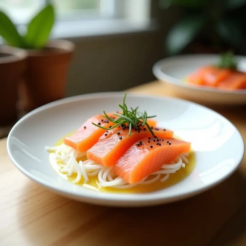 Plato blanco minimalista con láminas rosadas de salmón fresco dispuestas en abanico sobre juliana de rábano daikon blanco, bañadas con vinagreta de yuzu dorada. Decorado con semillas de sésamo negro y cebollino picado, sobre fondo de madera clara.