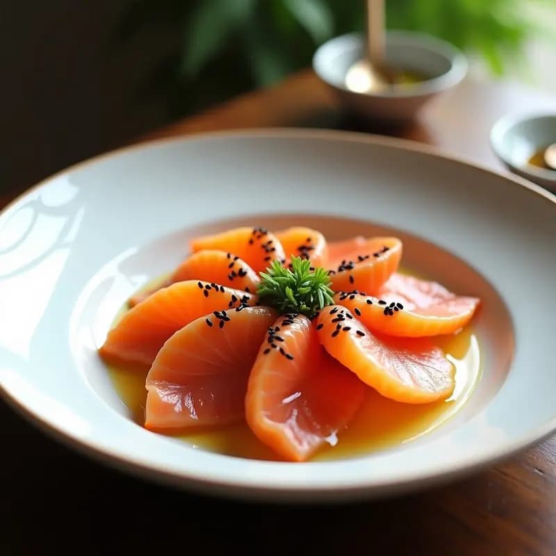 Plato de porcelana blanca con láminas de sashimi de salmón fresco dispuestas en abanico, bañadas en una marinada brillante de wasabi y miel, decoradas con semillas de sésamo negro, pimienta rosa y cebollino picado, sobre fondo de madera oscura.