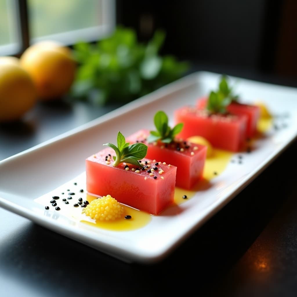 Plato rectangular de porcelana blanca con láminas finas de sashimi de sandía ahumada, decoradas con caviar de limón brillante, semillas de sésamo negro, hojas de shiso y pimienta rosa. Fondo oscuro con toques de aceite de sésamo tostado.