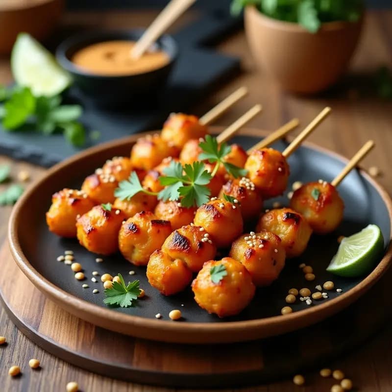 Brochetas de garbanzos dorados asados en grill, bañados en una cremosa salsa de cacahuete oscura, decoradas con cilantro fresco y rodajas de cebolla morada. Plato colorido con textura crujiente y fondo de especias indias.