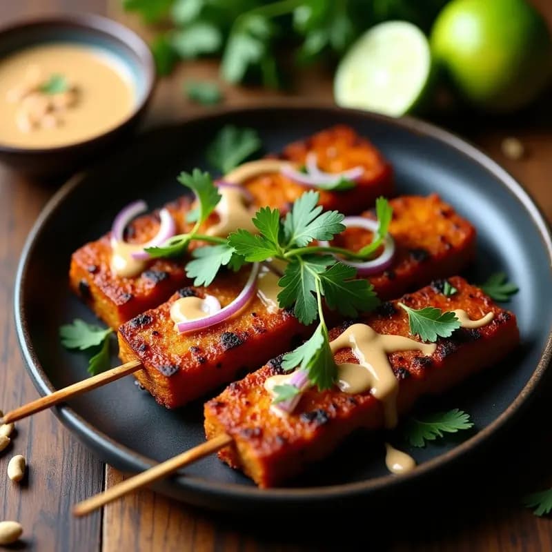 Brochetas de satay de seitan doradas a la parrilla, servidas en un plato de cerámica negra con salsa de cacahuete cremosa y limón, decoradas con cilantro fresco y cebolla morada. Receta tailandesa alta en proteína.