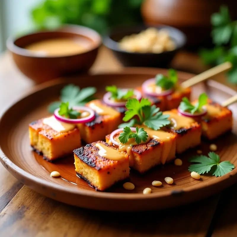 Pinchos de satay de tempeh vegano asados, dorados y jugosos, servidos sobre un plato de madera con salsa cremosa de cacahuete y limón, decorados con cebolla morada y cilantro fresco. Receta tailandesa alta en proteína.