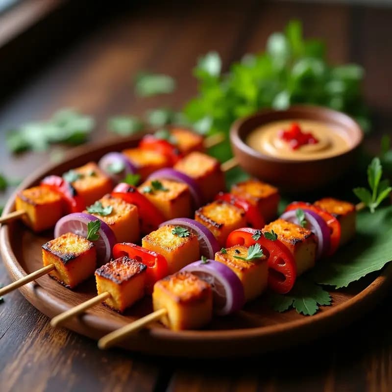 Brochetas de satay de tempeh vegano doradas en grill, con trozos de pimiento rojo y cebolla morada, servidas sobre plato de madera con salsa de cacahuete cremosa en bol pequeño a un lado. Decoración con hojas de cilantro fresco.