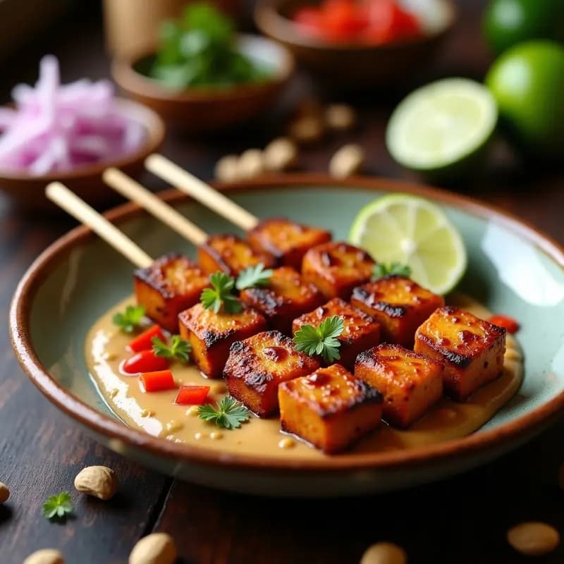 Brochetas de satay de tempeh dorado en palillos de bambú, servidas sobre un plato de madera con salsa espesa de maní y lima, decoradas con cebolla morada picada, pimiento rojo y gajos de lima. Receta vegana indonesia alta en proteína.