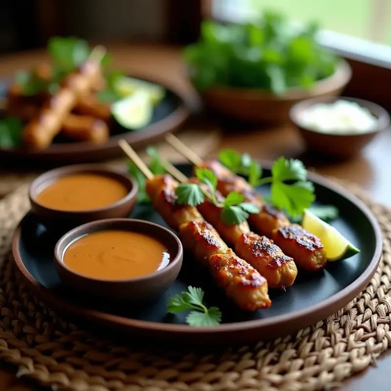 Brochetas de satay de ternera doradas en palillos de bambú, servidas en plato negro con salsa de cacahuete espesa y cremosa, espolvoreadas con semillas de sésamo y cilantro fresco. Receta indonesia keto y alta en proteína.