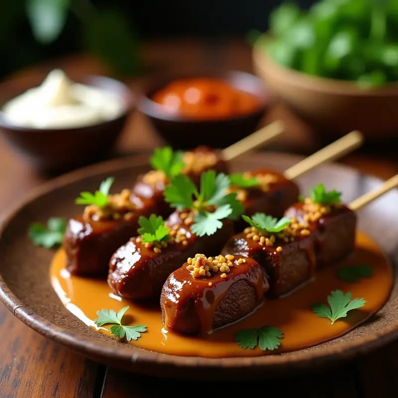 Brochetas de satay de ternera doradas a la parrilla, servidas sobre un plato de madera con salsa de cacahuete espesa y brillante, espolvoreada con pimienta de Java y cilantro fresco. Receta indonesia auténtica.