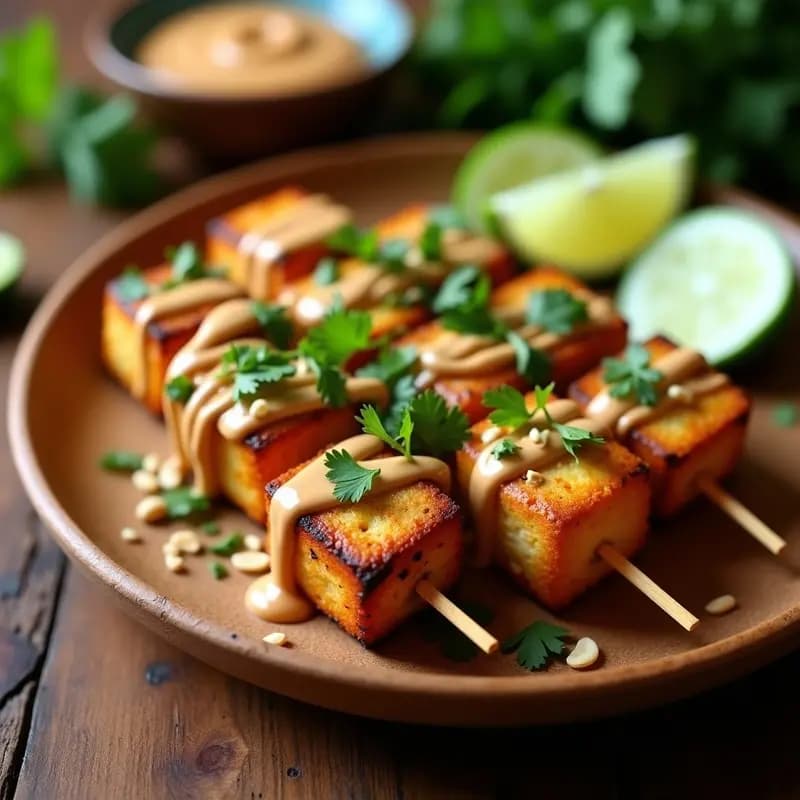 Brochetas de satay de tofu dorado en airfryer, bañadas en salsa cremosa de cacahuete, decoradas con cilantro fresco y cacahuetes triturados sobre un plato de madera rústico. Receta tailandesa vegana con limón kaffir.
