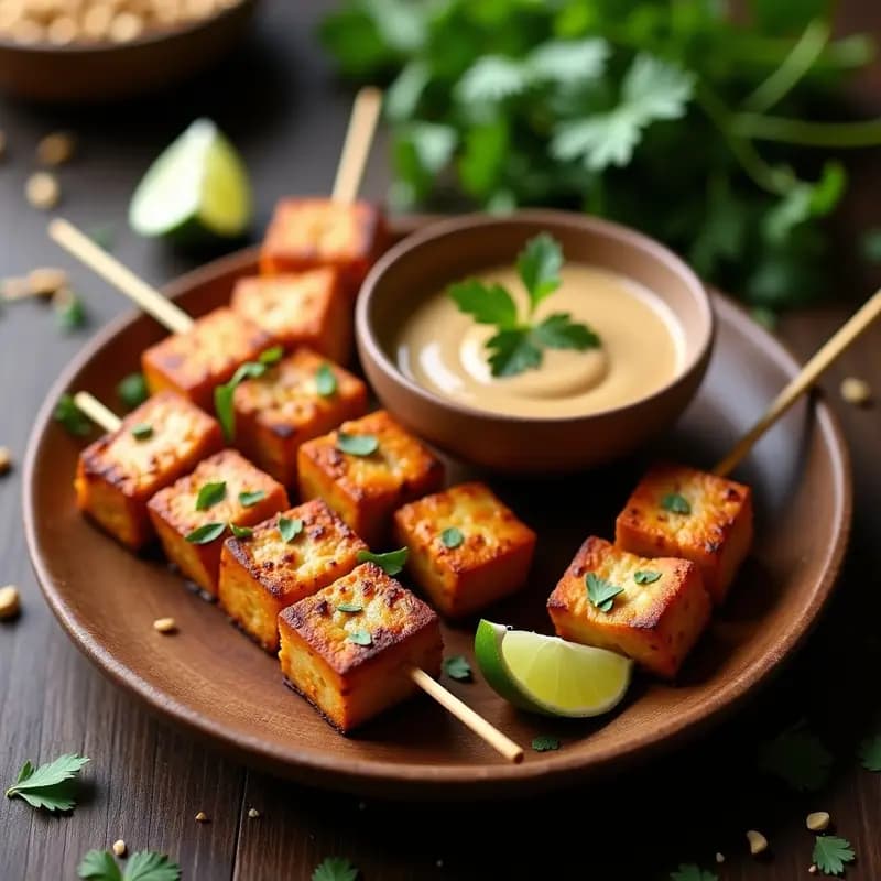 Brochetas indias de satay de tofu con cacahuete y lima, doradas y jugosas, servidas en plato de madera con rodajas de lima y cilantro fresco, sobre fondo rústico.