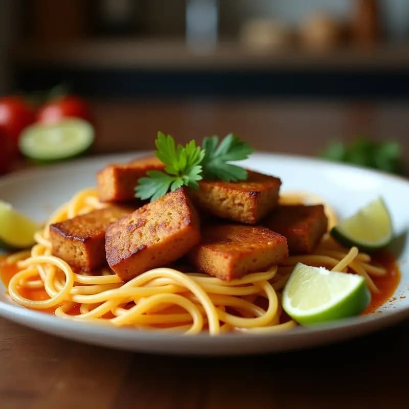 Brochetas de satay de tofu con cacahuete y lima tailandesas, tofu dorado a la parrilla ensartado con cebolla morada y pimiento rojo, servidas con salsa cremosa de cacahuete y decoradas con cilantro y gajos de lima sobre una tabla de madera rústica.