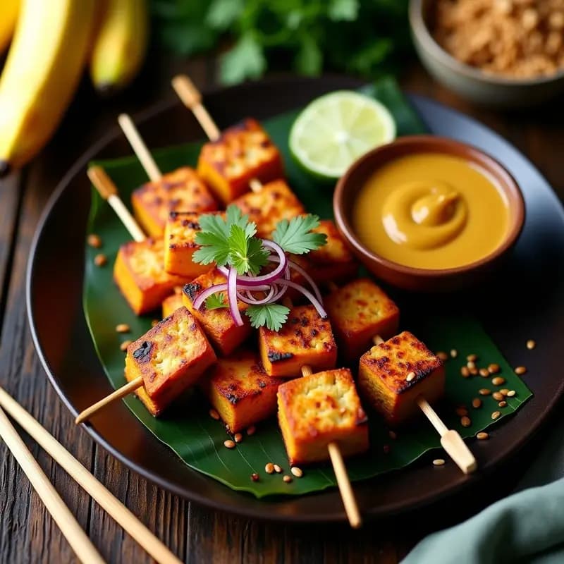 Brochetas de satay de tofu dorado y crujiente con salsa de cacahuete y cúrcuma en un plato de cerámica negra, decorado con semillas de sésamo y hojas de cilantro fresco. Aperitivo indonesio vegano y alto en proteína.