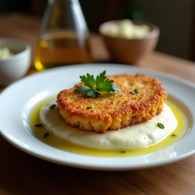 Plato blanco con schnitzel dorado de berenjena empanizada sobre puré cremoso de coliflor, decorado con perejil fresco y un hilo de aceite de oliva. Receta vegana y sin gluten de schnitzel austriaco de berenjena con puré de coliflor.