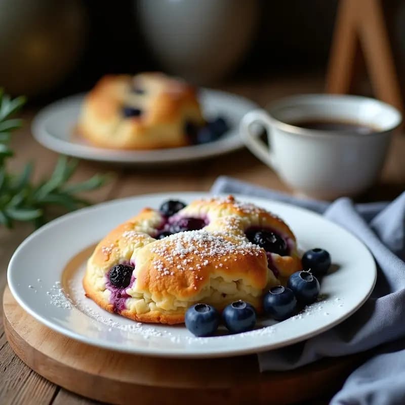 Scones dorados de harina de coco y arándanos azules apilados en un plato de porcelana blanca, con arándanos frescos y hojas de menta alrededor. Receta de scone británico sin gluten, esponjoso y con textura hojaldrada.