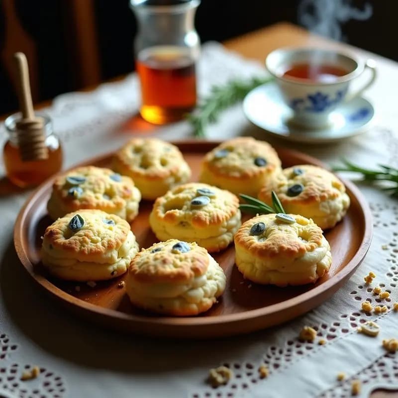 Scones dorados de queso azul y nueces sin gluten dispuestos en una bandeja de madera rústica, con migas de queso azul derretido en la superficie y trozos de nueces visibles. Acompañados de una taza de té y miel para untar, en un ambiente británico de té de la tarde.