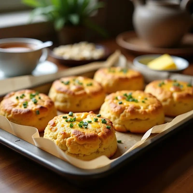 Scone dorado y esponjoso de queso cheddar y cebollino sobre una bandeja de horno rústica, con trozos de queso derretido y cebollino fresco en la superficie. Desayuno británico tradicional.