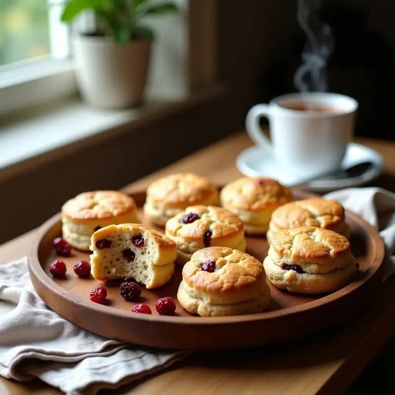 Scones dorados de avena y arándanos deshidratados sobre una bandeja de madera rústica, con textura esponjosa y trozos de arándanos visibles. Desayuno inglés sin gluten y sin azúcar, acompañado de una taza de té humeante.