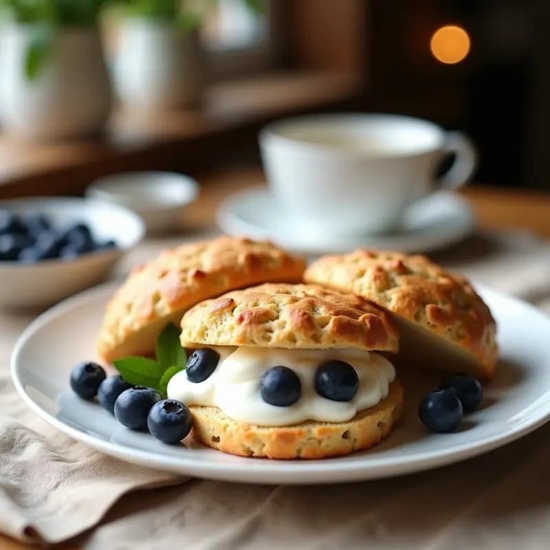 Scones británicos dorados y esponjosos abiertos por la mitad, rellenos de crema batida suave y arándanos frescos brillantes, servidos en un plato de porcelana blanca sobre un mantel de lino beige.