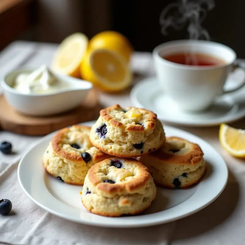 Scones británicos dorados y esponjosos con arándanos y ralladura de limón, servidos en una bandeja de madera rústica con una taza de té al fondo. Receta sin gluten para el té de la tarde.