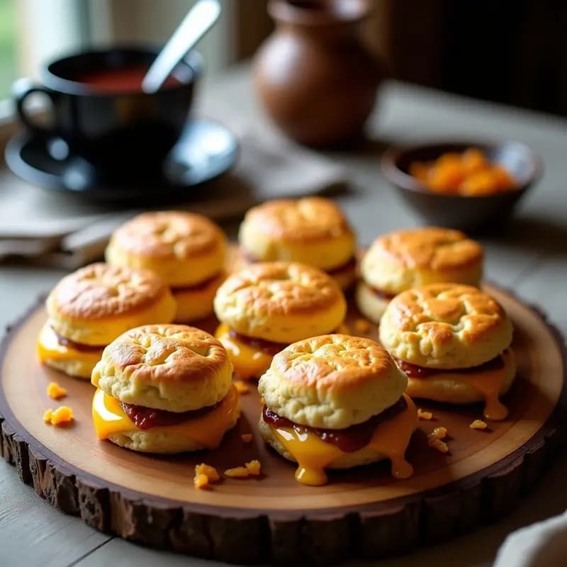 Scones británicos dorados y esponjosos con trozos de queso cheddar fundido y cebolla caramelizada, servidos en una bandeja de madera rústica sobre papel de hornear, con migas crujientes visibles.