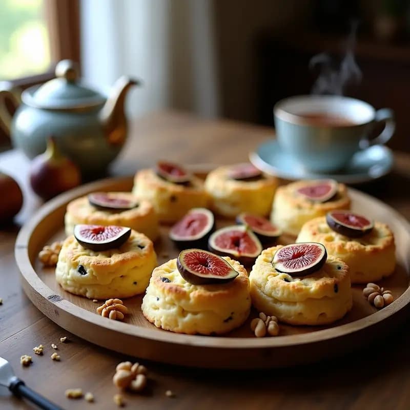 Scones dorados y esponjosos de queso azul con trozos visibles de higos caramelizados y nueces, servidos en una bandeja rústica de madera con fondo de té británico.