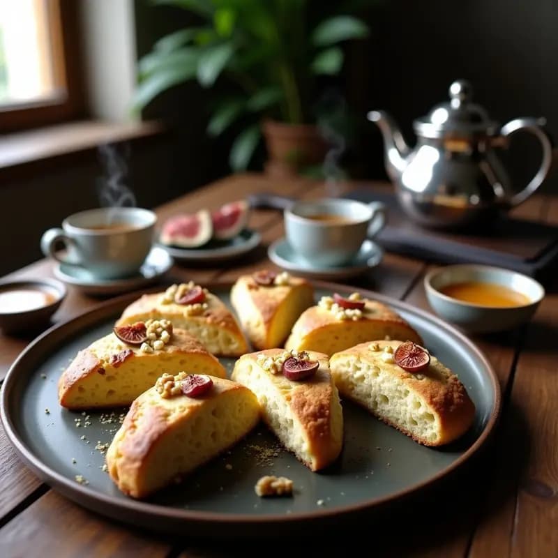 Bandeja de scones dorados con trozos de queso azul y higos caramelizados en la superficie, servidos sobre papel de horno rústico con un fondo de madera oscura y tazas de té.