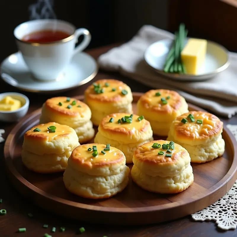 Scones británicos dorados de queso cheddar y cebollino sin azúcar, apilados en un plato de porcelana blanca con una taza de té humeante al fondo, receta tradicional adaptada a estilo saludable.