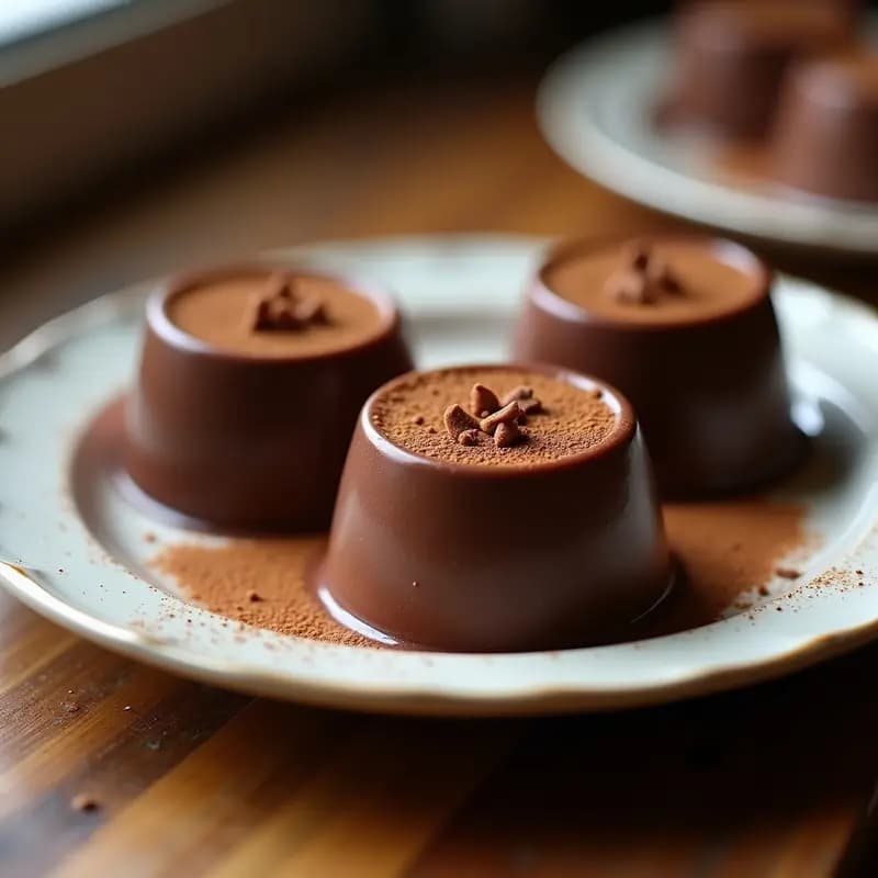 Segovianos de Chocolate servidos en moldes individuales de silicona, con textura cremosa y espolvoreados con galletas María trituradas por encima. Postre tradicional castellano sin horno.