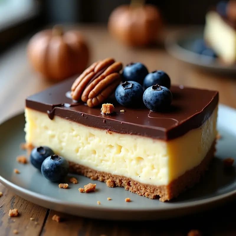 Sernik polaco sin horno en molde redondo con capas visibles: base oscura de almendras y cacao, crema de queso suave color marfil y capa superior brillante de ganache de chocolate negro. Decorado con virutas de chocolate y almendras fileteadas.