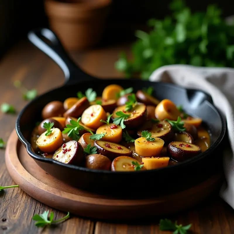 Sartén de hierro con Exploradores de Setas con Ajo y Perejil, setas doradas salteadas con trozos de ajo y perejil fresco espolvoreado, tapa de otoño tradicional española.
