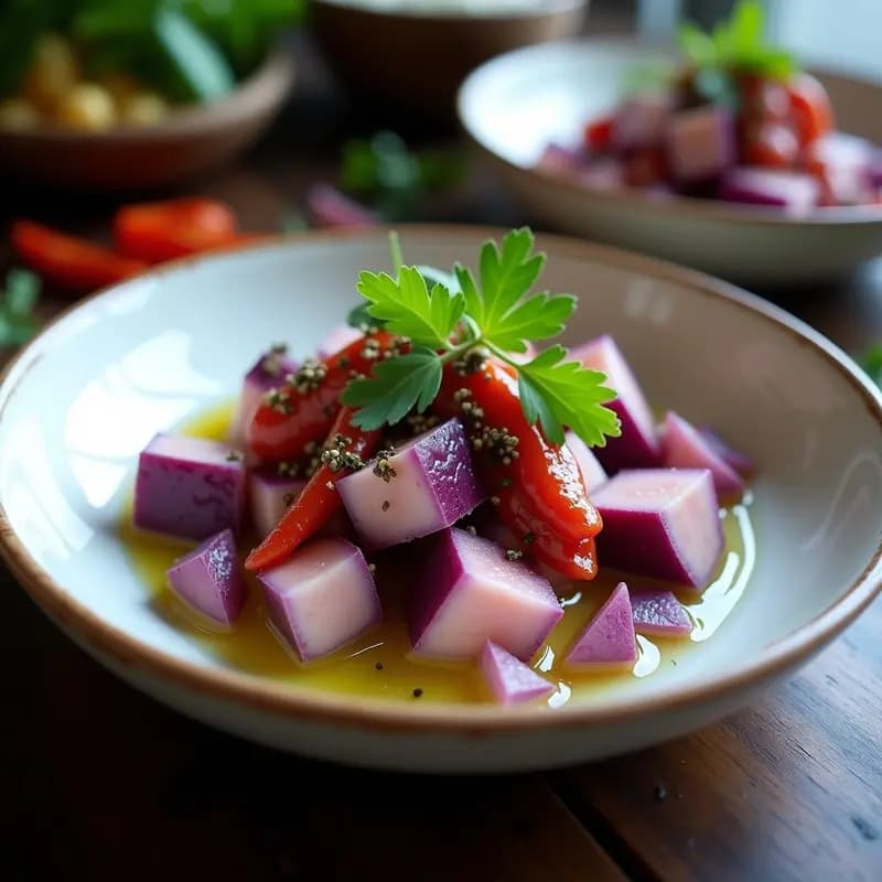 Cuenco de cerámica blanca con seviche de pulpo en trozos, patata morada en cubos, cebolla morada picada y cilantro fresco. Base de hielo picado y decoración con pimienta rosa y algas nori. Aceite de oliva virgen extra brillando en la superficie. Receta de seviche de pulpo con patata morada y aceite de oliva.