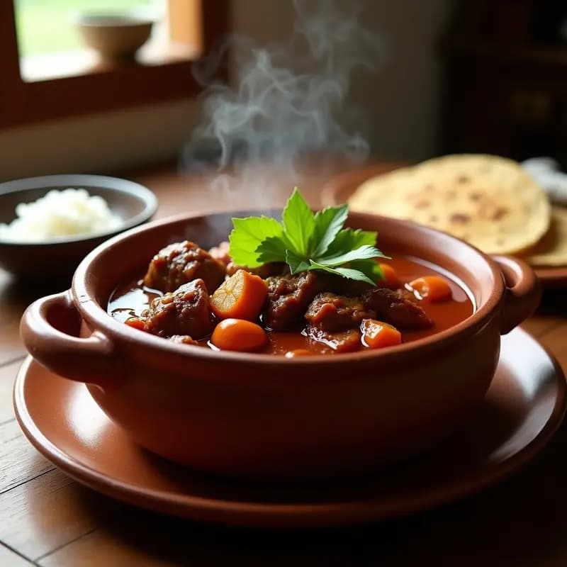 Olla de barro con Sexto Sol Mexicano, estofado tradicional de carne de res en salsa oscura de chile ancho, decorado con hojas de aguacate y servido en plato de barro rústico con arroz blanco y tortillas de maíz.
