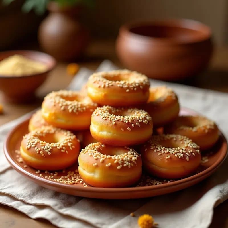 Sfenj marroquíes dorados y crujientes, elaborados con harina de garbanzo y azafrán, cubiertos de pistachos picados y semillas de sésamo, servidos en un plato de barro con té de menta al fondo.