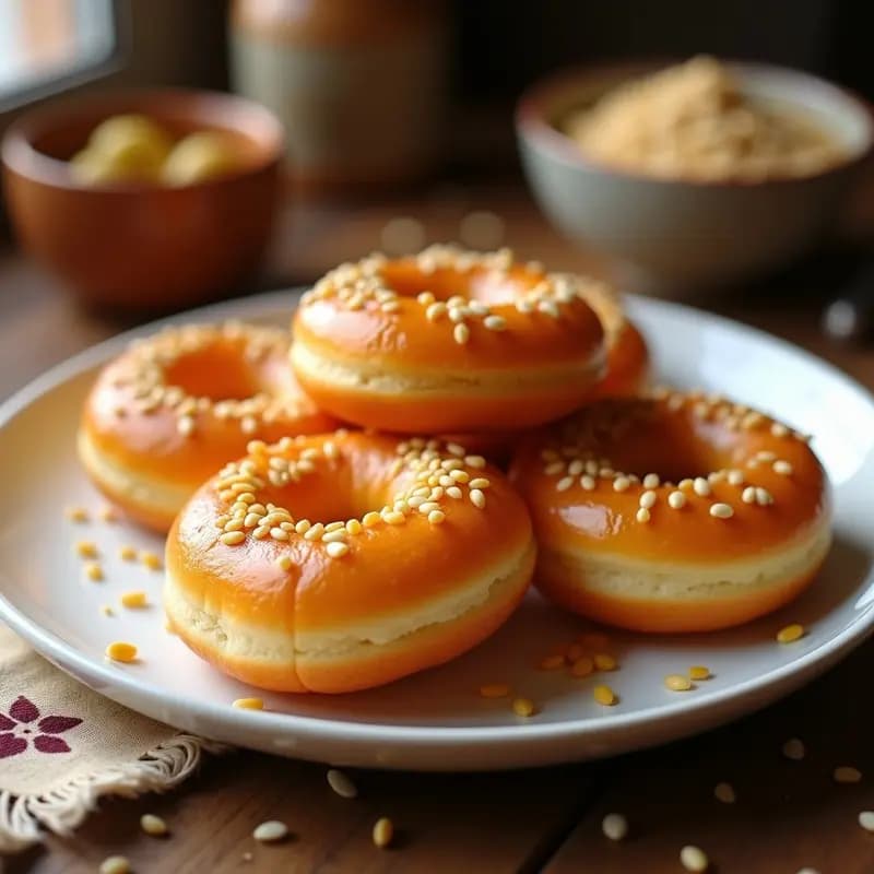 Plato de madera rústico con donas de semolina sin gluten doradas, bañadas en miel de dátil brillante, espolvoreadas con canela y acompañadas de hojas de menta fresca. Receta tradicional marroquí reinventada.