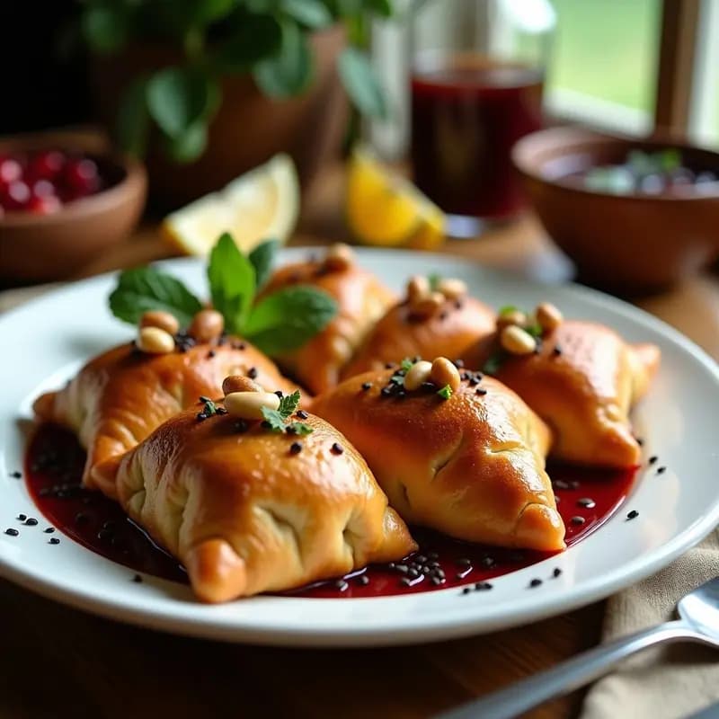 Empanadillas libanesas sfiha con masa dorada y crujiente, rellenas de carne picada especiada y bañadas en grenadina, decoradas con semillas de sésamo y hojas de menta fresca sobre un plato de cerámica blanca.