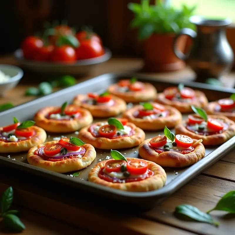 Bandeja de horno con Sfinciuni Siciliani en versión mini, masa dorada y esponjosa coronada con tomate cherry, anchoas y queso pecorino, receta tradicional siciliana.