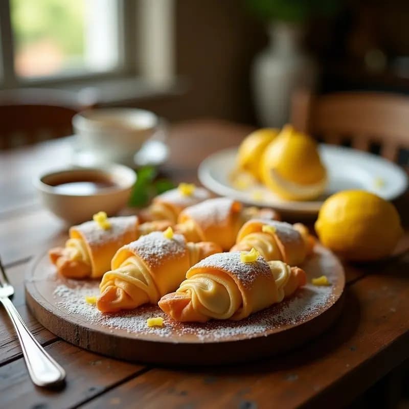 Sfogliatelle napolitanas doradas y crujientes sobre una bandeja de horno, con capas de masa filo visibles y relleno cremoso de ricotta y limón asomando por los bordes. Decoradas con almendras fileteadas y ralladura de limón, sobre un fondo rústico de madera.