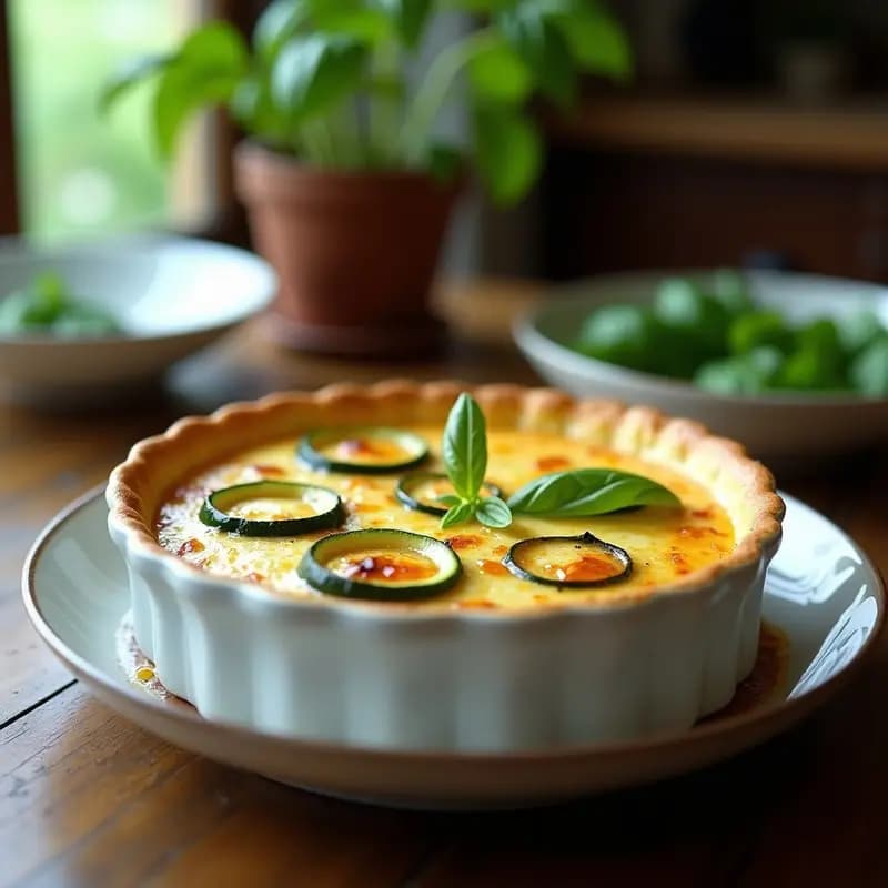 Sformato de calabacín y queso ricotta esponjoso, dorado por encima, con base crujiente de almendras fileteadas y decorado con hojas de albahaca fresca. Plato italiano sin gluten servido en molde de cerámica blanca sobre fondo rústico de madera.