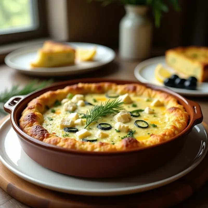Sfougato de calabacín y queso feta dorado en molde redondo, con trozos de queso feta derretido en la superficie, decorado con eneldo fresco y servido en plato de cerámica blanca sobre fondo rústico de madera.
