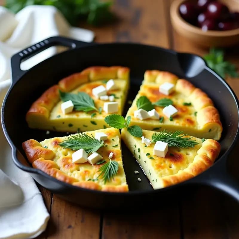 Sfougato de calabacín y queso feta sin gluten dorado en sartén, cortado en porciones, con hierbas frescas y aceite de oliva, receta griega rápida.