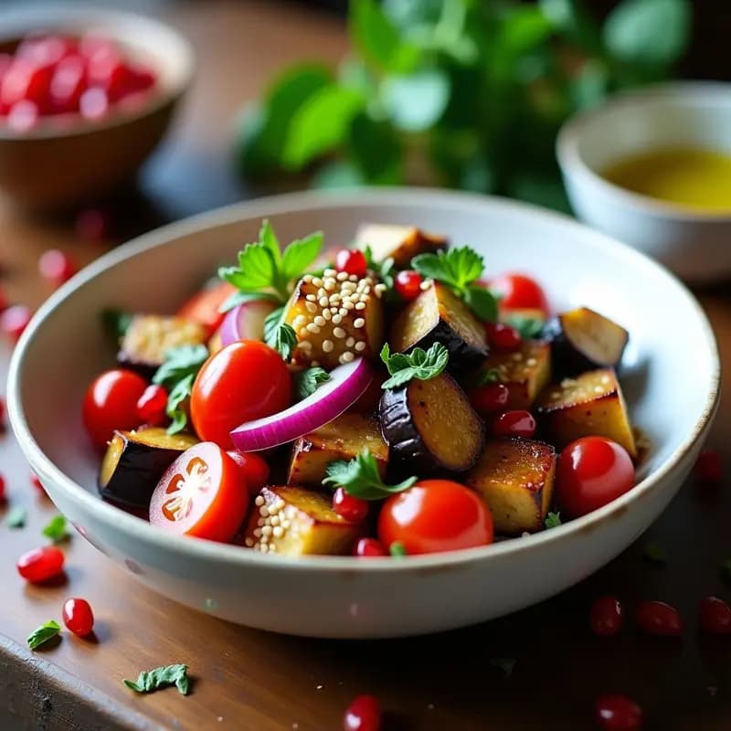 Plato hondo de cerámica blanca con Shakalama de Berenjenas y Tomates con Granado: ensalada kurdish fresca y ácida, berenjenas asadas doradas, tomates en cubos, granos de granada rojos brillantes, perejil y menta fresca, decorada con semillas de sésamo tostadas y hojas de hierbabuena.