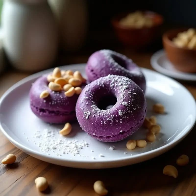 Donas filipinas Shakoy de color morado intenso, esponjosas y con textura crujiente, decoradas con azúcar glass y anacardos tostados picados, servidas en un plato de cerámica blanca sobre fondo rústico.