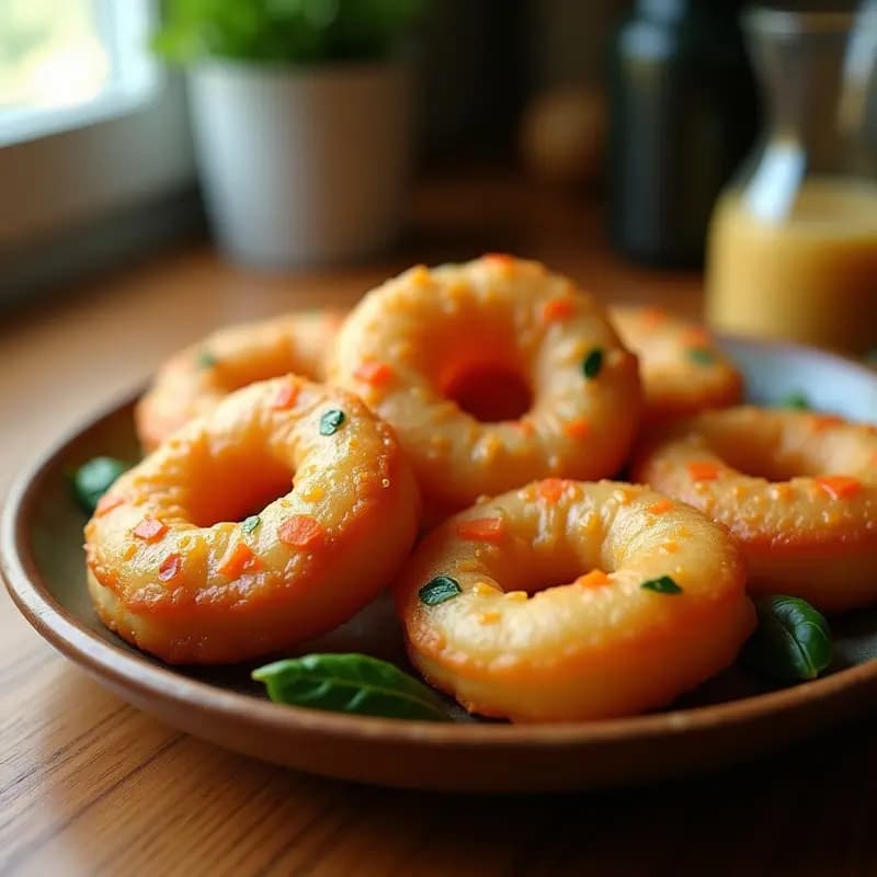 Shakoy Filipino crujientes de camarón y vegetales en airfryer, doradas y esponjosas, dispuestas en una fuente de madera con salsa de chile dulce al lado.