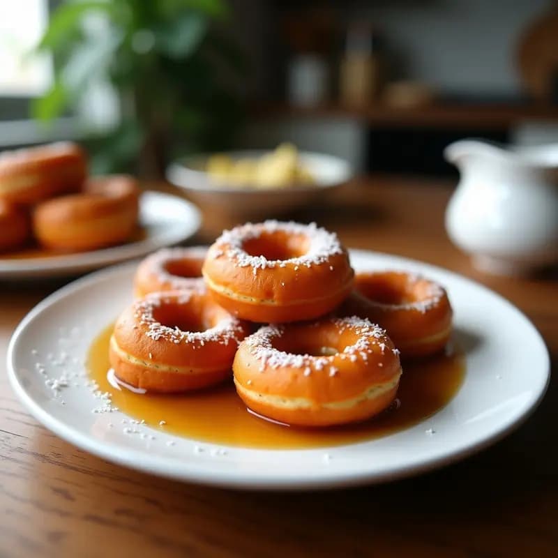 Rosquillas filipinas Shakoy de color morado intenso, bañadas en sirope de coco brillante y cubiertas de coco rallado blanco, dispuestas en un plato de cerámica rústica con fondo oscuro.